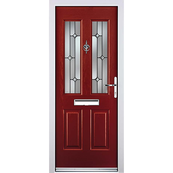 Elegant red front door with glass panels, offered by Access Garage Doors for home security and style