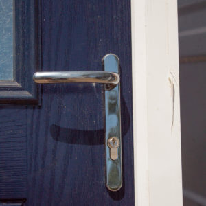 Solidor Front Door & Side Lite finished in a Blue Woodgrain