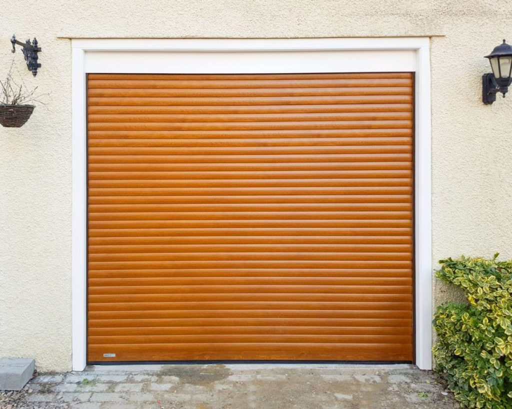 A SeceuroGlide Compact Roller Door in Golden Oak