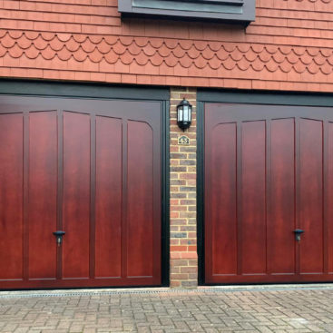 2x Cardale Tudor Cedarwood Canopy Up & Over Garage Doors Finished in Mahogany