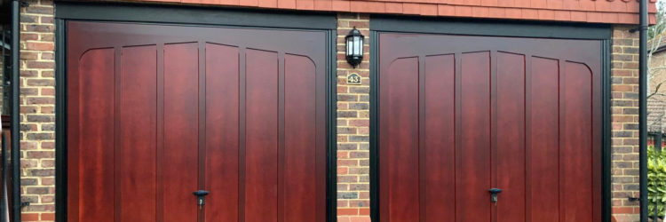 2x Cardale Tudor Cedarwood Canopy Up & Over Garage Doors Finished in Mahogany