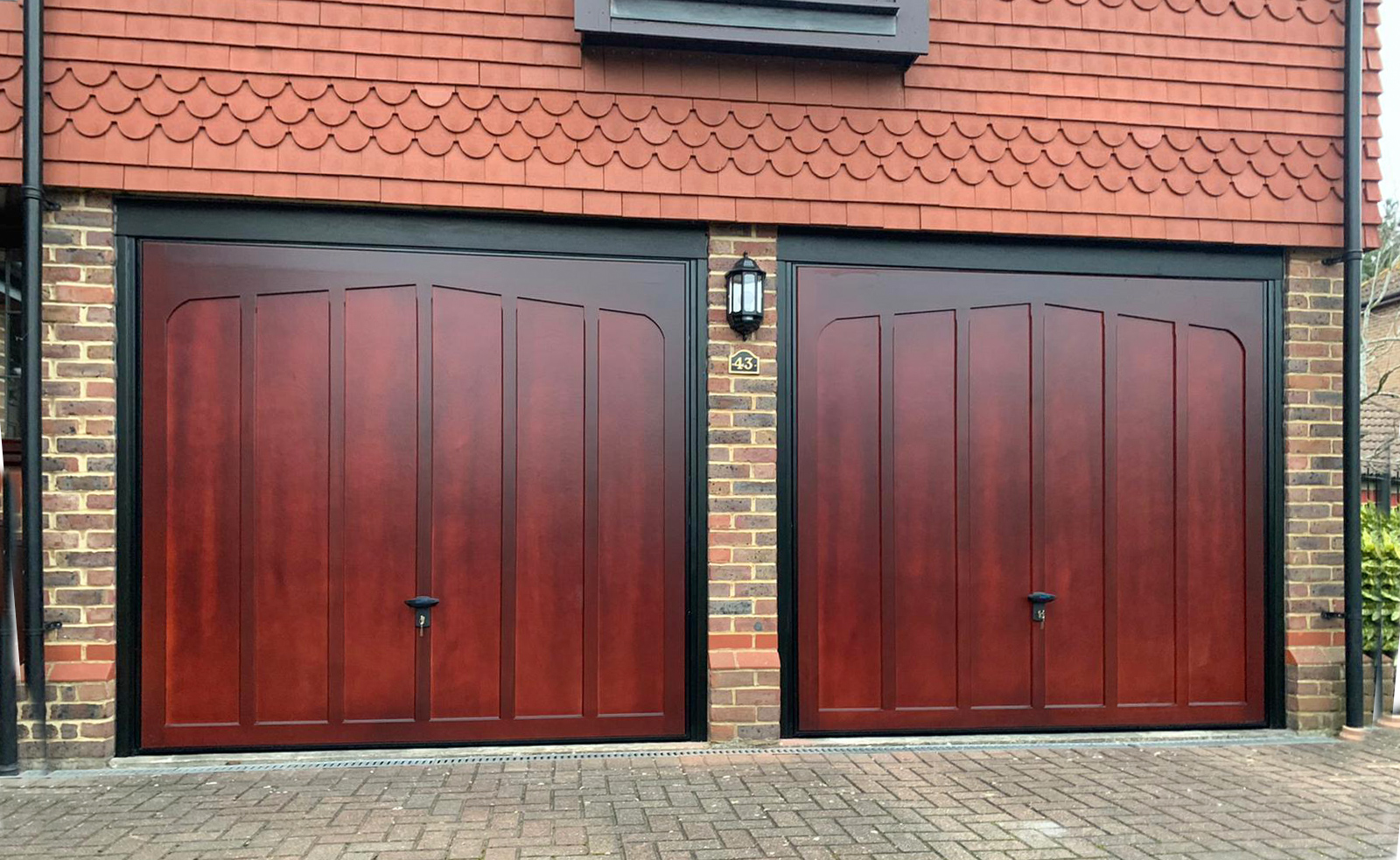 2x Cardale Tudor Cedarwood Canopy Up & Over Garage Doors Finished in Mahogany