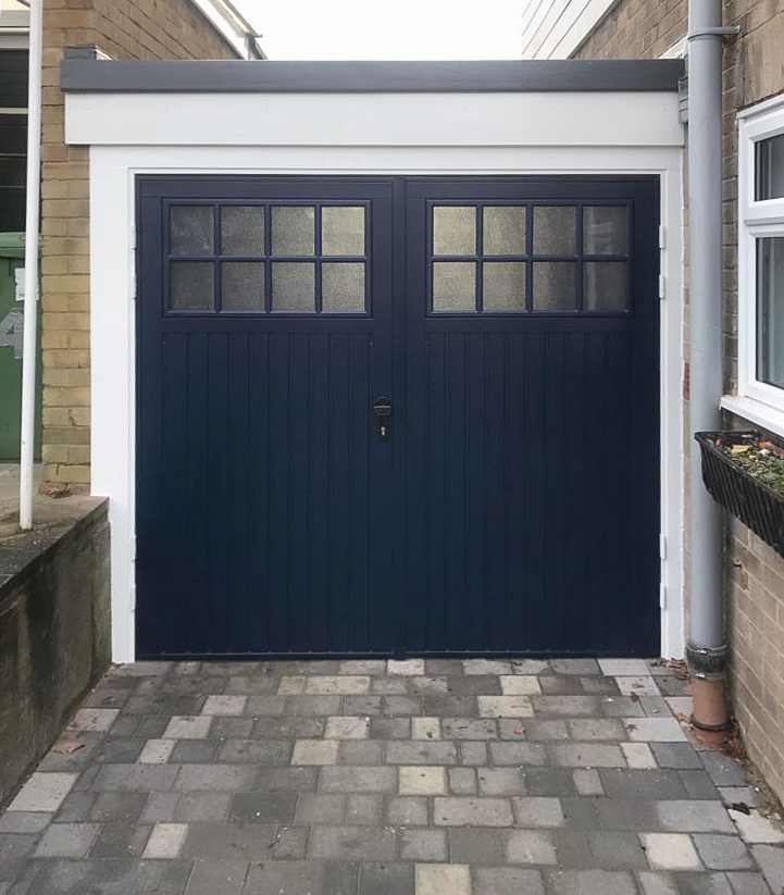 Cardale 50:50 Bedford Side Hinged Garage Door Finished in Steel Blue