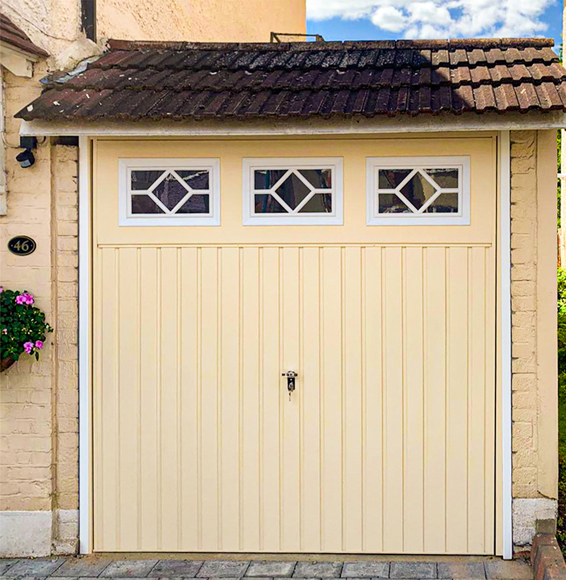Fort Chester Vertical Ribbed Canopy Up & Over Garage Doors Finished in Ivory