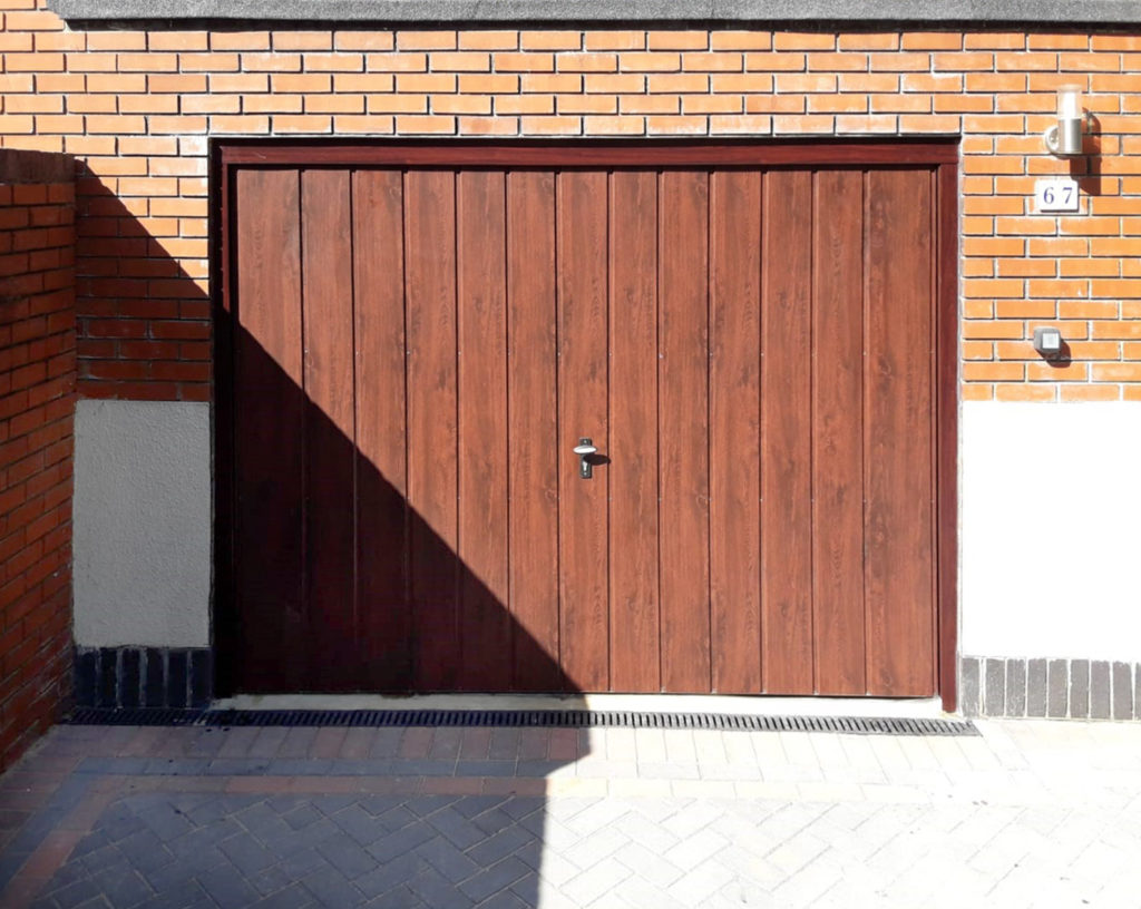 Fort Doors, Vertically Ribbed Up & Over Garage Door, finished in Rosewood Decograin