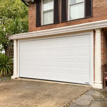 Hormann LPU42 Georgian S-Panelled Insulated Double Sectional Garage Door Finished in Woodgrain White