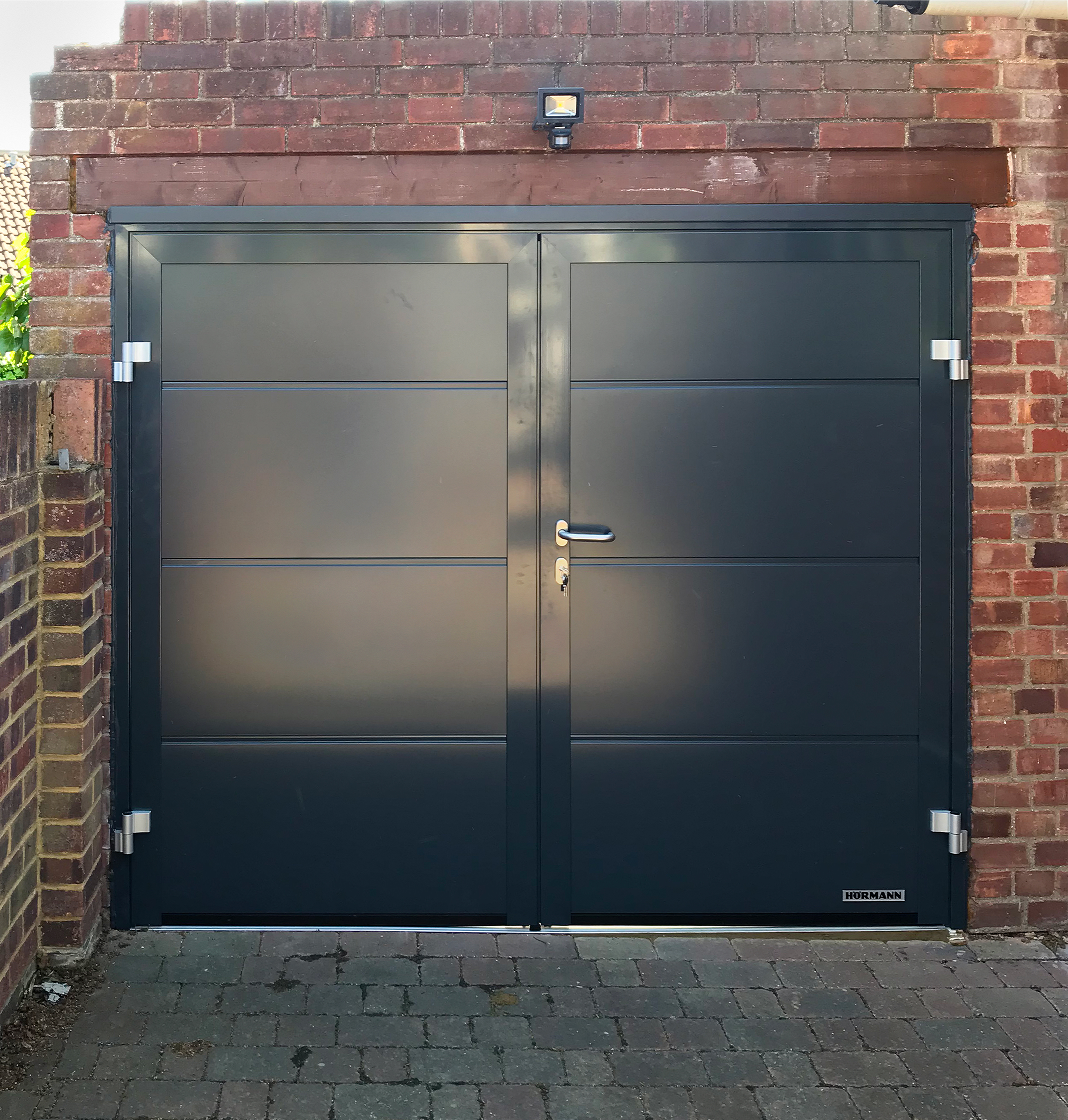 Hormann NT60 Horizontal L Ribbed Side Hinged Garage Door Finished In Anthracite Grey