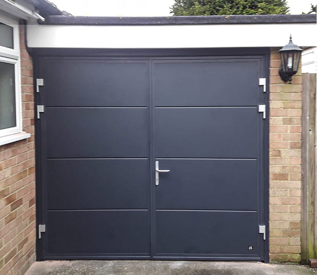 Ryterna Wide Horizontal Ribbed 50:50 Split Side Hinged Garage Doors Finished in Anthracite Grey