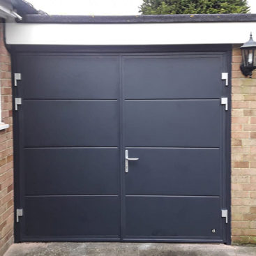 Ryterna Wide Horizontal Ribbed 50:50 Split Side Hinged Garage Doors Finished in Anthracite Grey