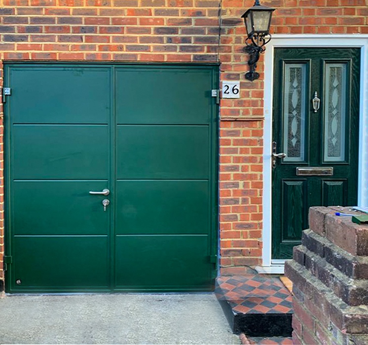 Ryterna Wide Horizontal Ribbed 50:50 Split Side Hinged Garage Doors Finished in Fir Green