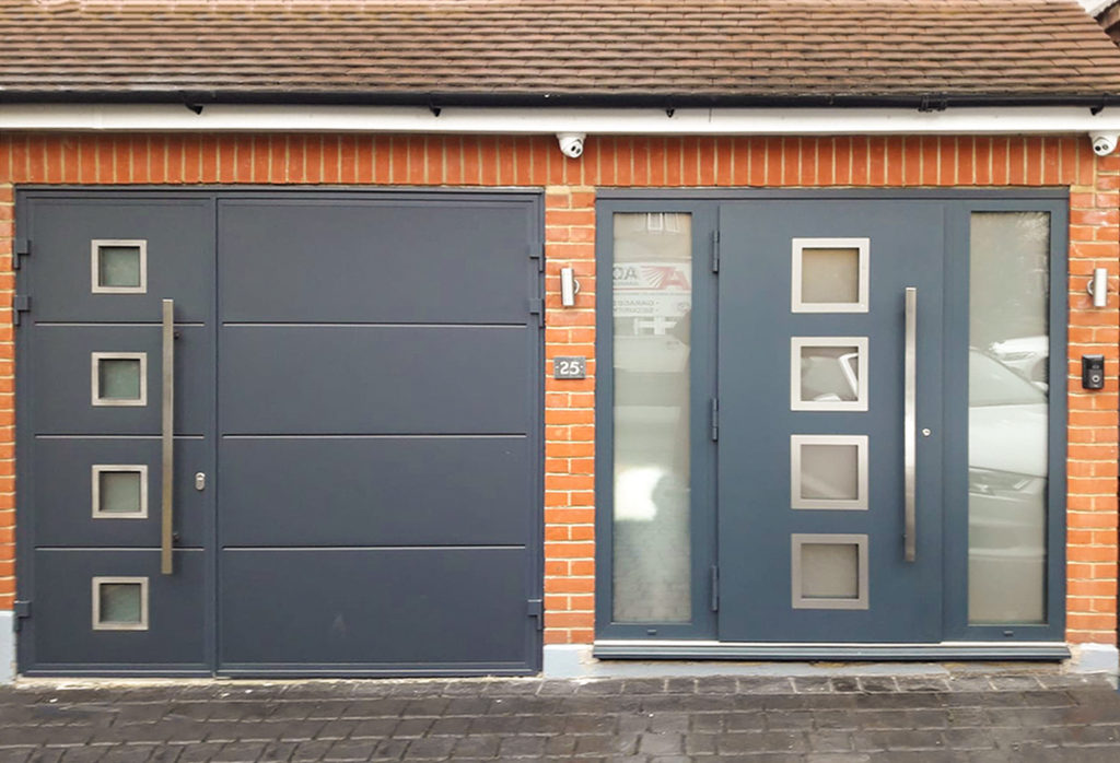 Ryterna Wide Horizontal Ribbed 30:70 Split Side Hinged Garage Doors Finished in Anthracite Grey