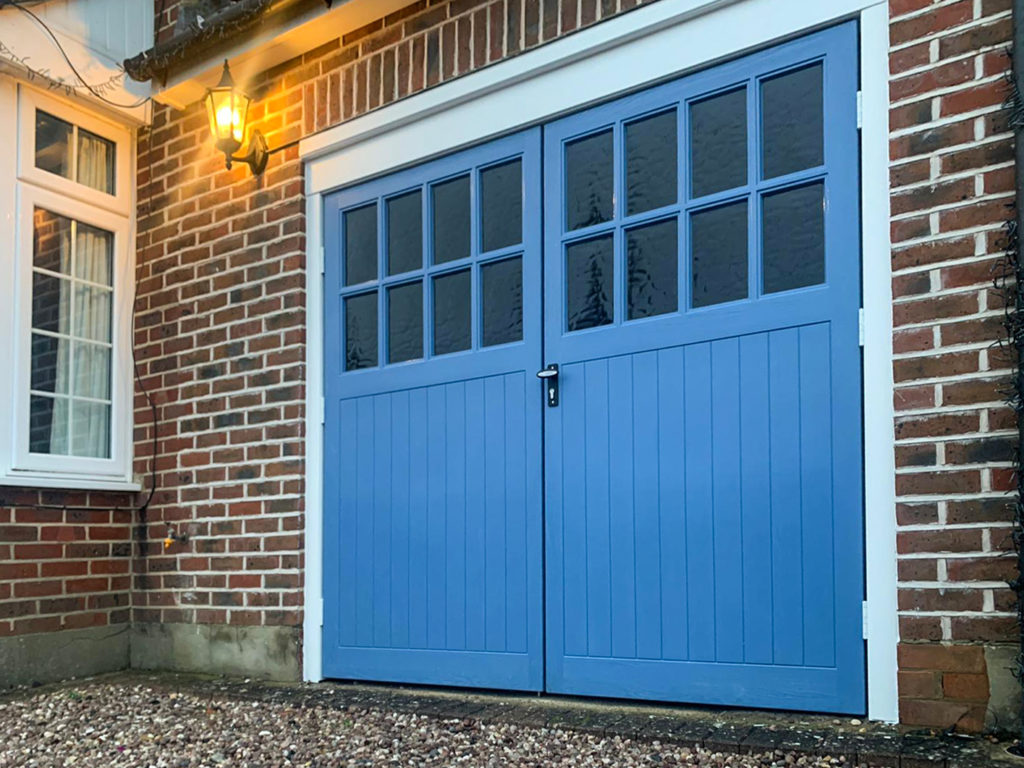 Wessex Sherwood Wood Grain GRP Side Hinged Garage Doors Finished in Wedgewood