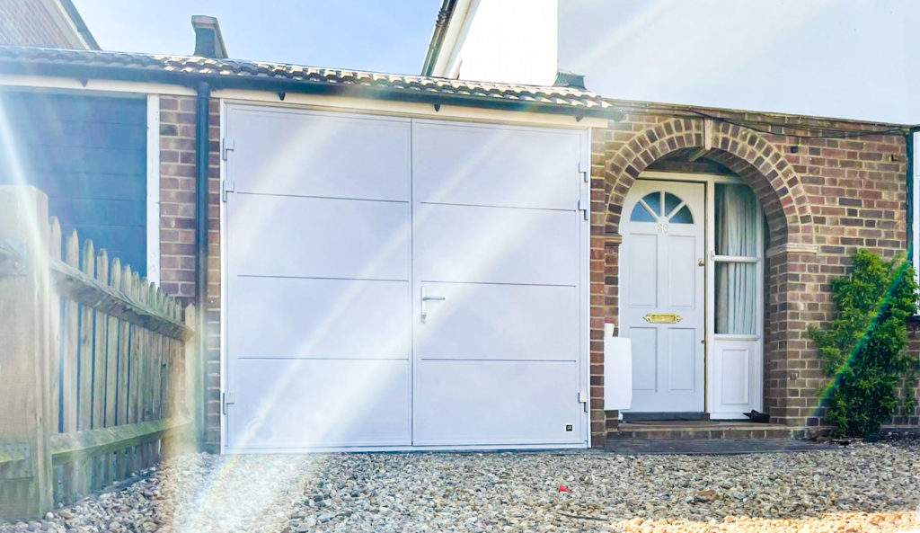 Ryterna Wide Horizontal Ribbed Insulated Side Hinged Garage Doors in Telegrey