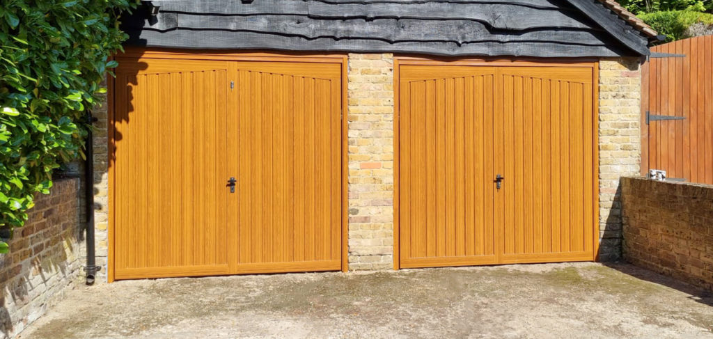 Fort Alton Retractable Garage Doors Finished in Golden Oak