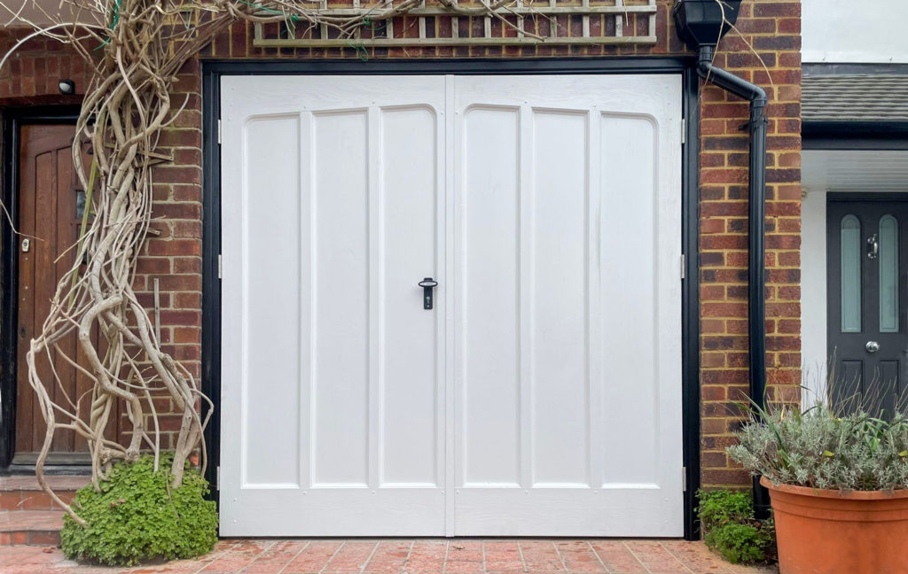 Wessex 3 Crown Loxwood GRP Side Hinged Garage Doors in Wood Grain White