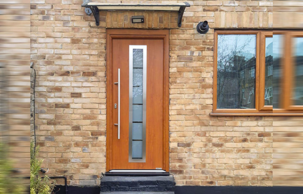 Hormann Thermo 46 Insulated Steel Front Door Style 700B Finished in Golden Oak