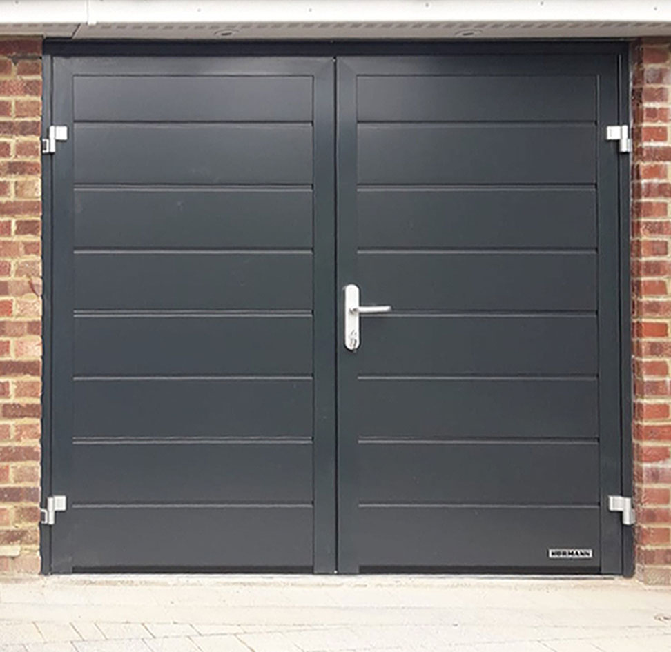 Hormann Horizontal M Ribbed Side Hinged Garage Door Finished In Anthracite Grey