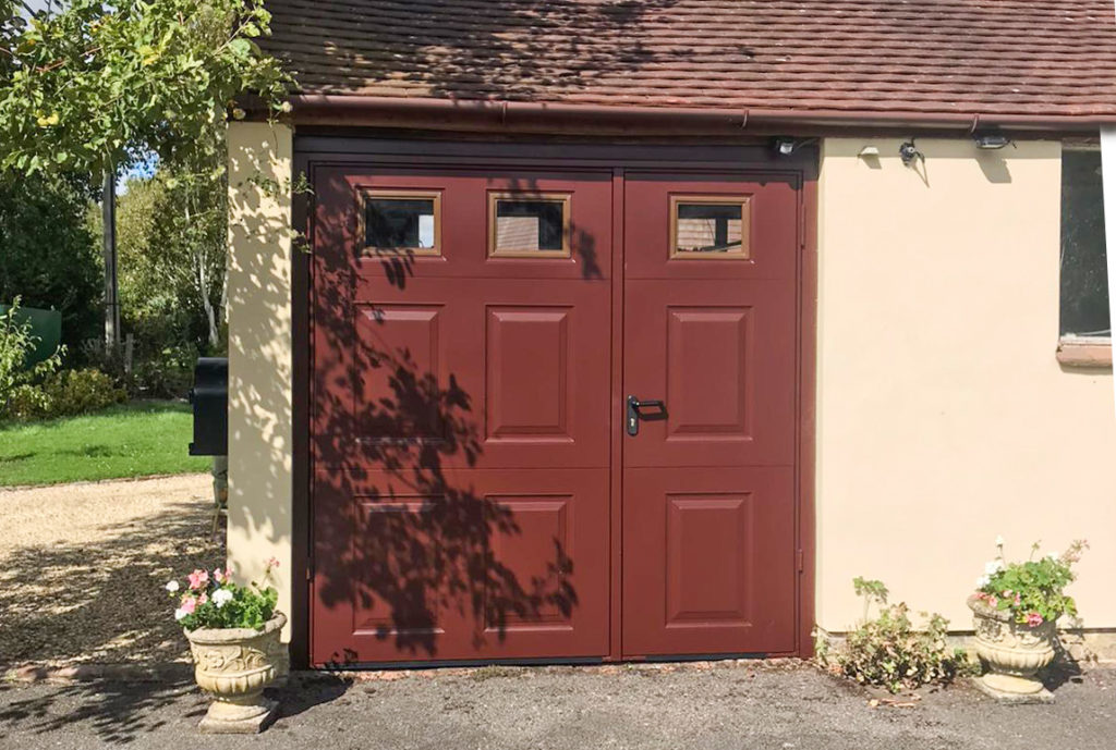 Garador Beaumont 1/3rd Split Side Hinged Garage Doors, Finished in Burgundy Brown